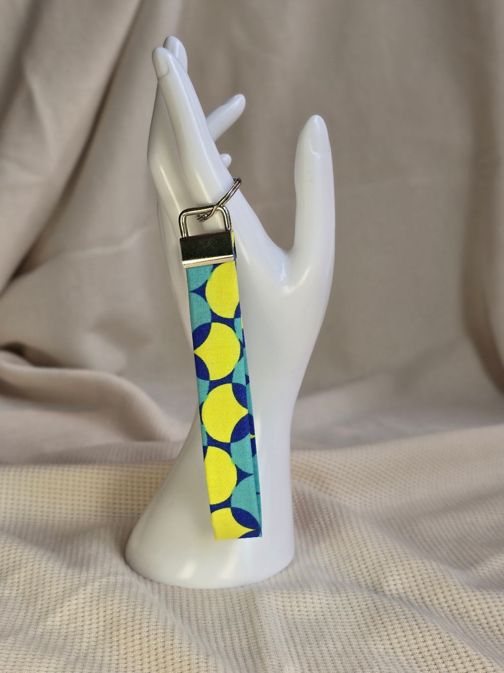 Retro blauwtinten met lime, groene kleur print keycord en -sleutelhangers